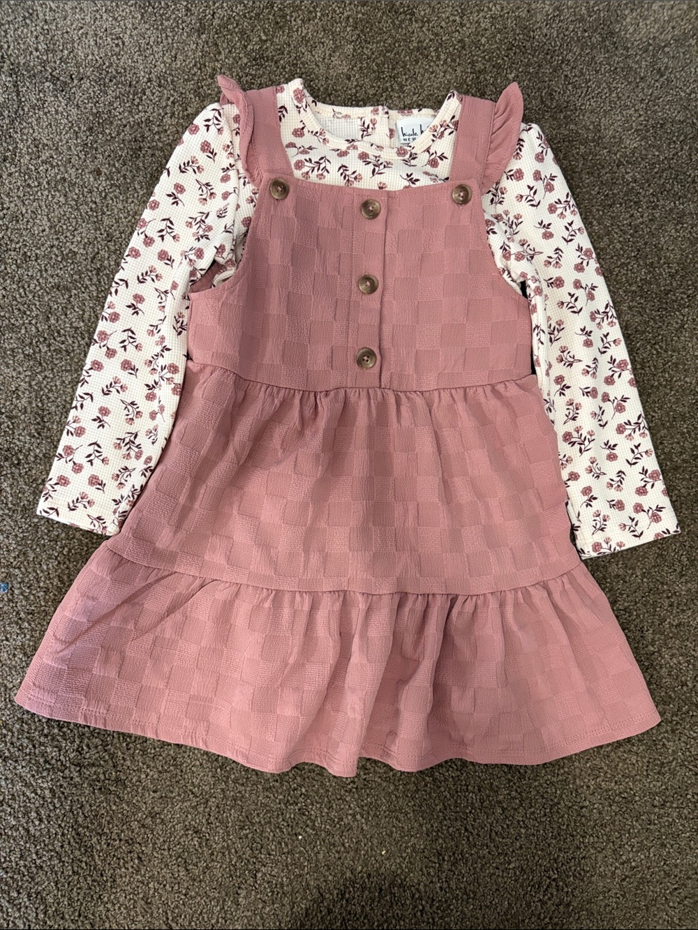 Girls' Dusty Pink Textured Pinafore Dress with Floral Long-Sleeve Top